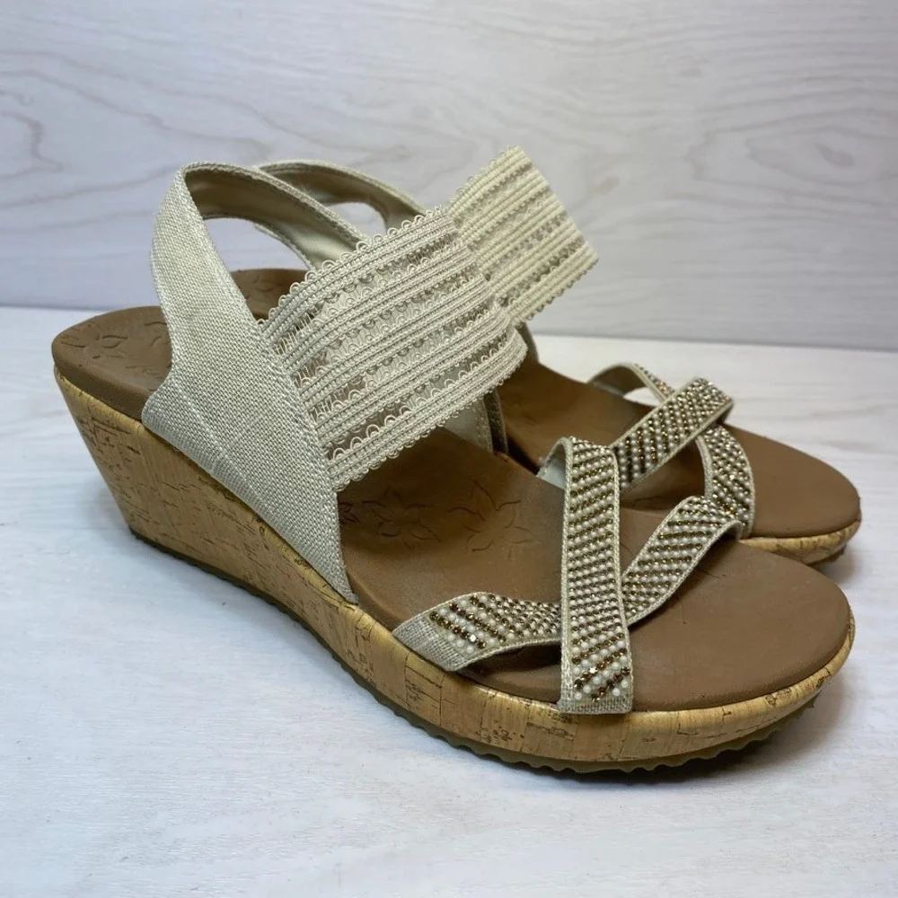 Skechers Womens 6 Cali Wedge Sandals Beaded Crochet Tan Cork Luxe Foam 119200